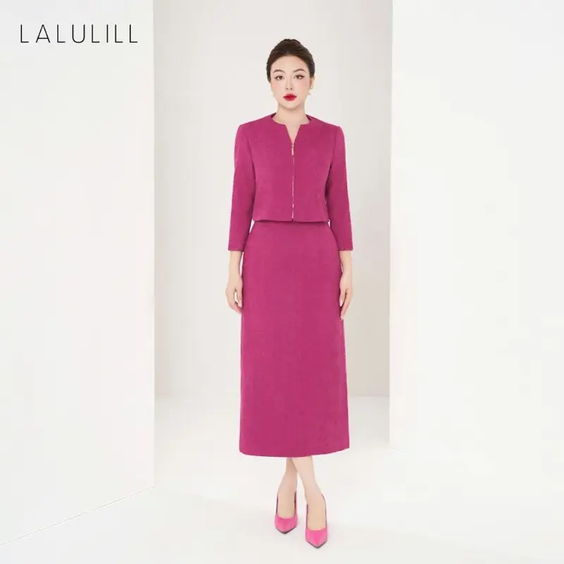 LALULILL Set nữ Áo vest dáng crop cổ nơ & Chân váy dáng suông dài nhung tăm hồng sen- LAK2438703 & LCV2442403 1