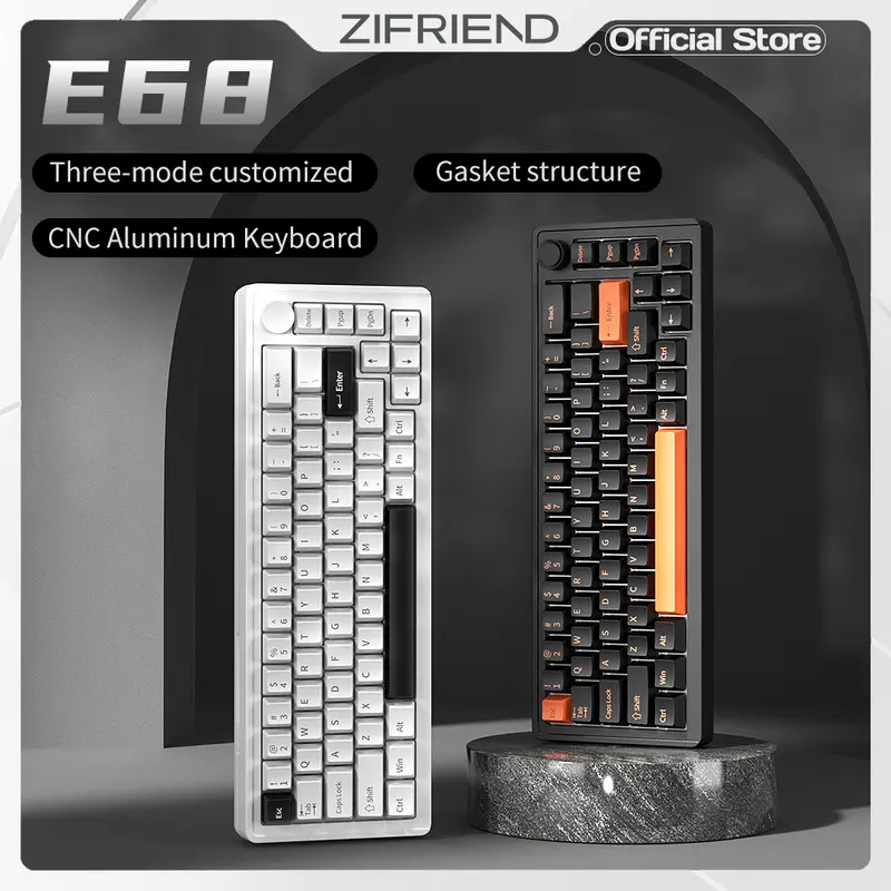 【GIAO HÀNG TRONG 3 NGÀY】 ZIFRIEND & FURYCUBE E68 68 phím Miếng đệm Bàn phím chơi game không dây Có dây / Bluetooth / 2.4G 3 chế độ Bàn phím cơ Bộ giảm thanh năm lớp tùy chỉnh PBT Keycaps RGB 3 / 5 Pin Có thể hoán đổi nóng 65% Bố cục Bàn phím nhôm 0