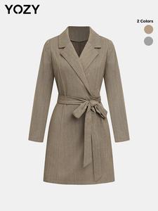 YOZY Women's Solid Belted Wrap Lapel Neck A Line Dress, Elegant Long Sleeve Short Dress for Spring & Fall, Women's Clothing for Daily Wear