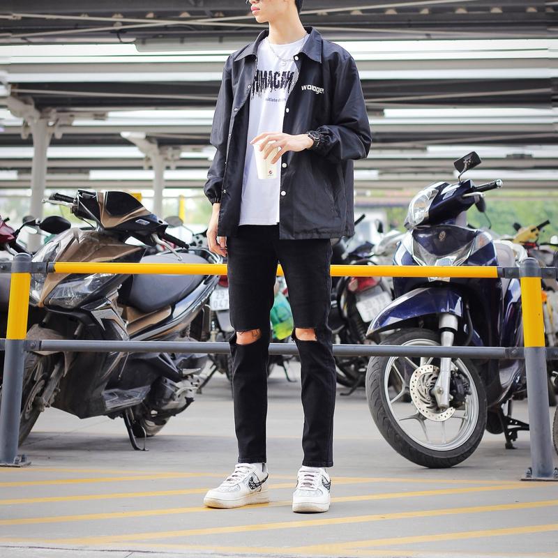 Quần jeans đen rách gối nhiều nam co giãn tốt dáng slimfit skinny phom ôm hà nội hcm Menswear Có Túi Pants 6