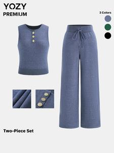 YOZY Women's Solid Button Front Tank Top & Drawstring Waist High Waist Wide Leg Pants Set, Casual Fashion Cozy Two-piece Outfits for Daily Outdoor Wear, Ladies Clothes for All Seasons, Womenswear
