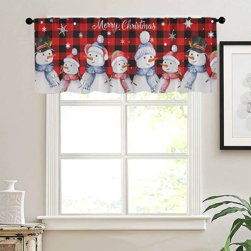 Snowman Pattern Christmas Themed Curtain, 1 Count Plaid Pattern Pocket Window Curtain, Window Drapes for Home Living Room Bedroom Decor 2