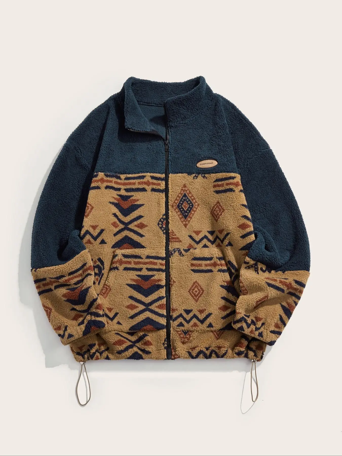Men's Ethnic Pattern Zip Up Funnel Neck Jacket, Regular Fit Casual Long Sleeve Drawstring Pocket Outerwear for Fall & Winter, Men's Clothes for Daily Wear