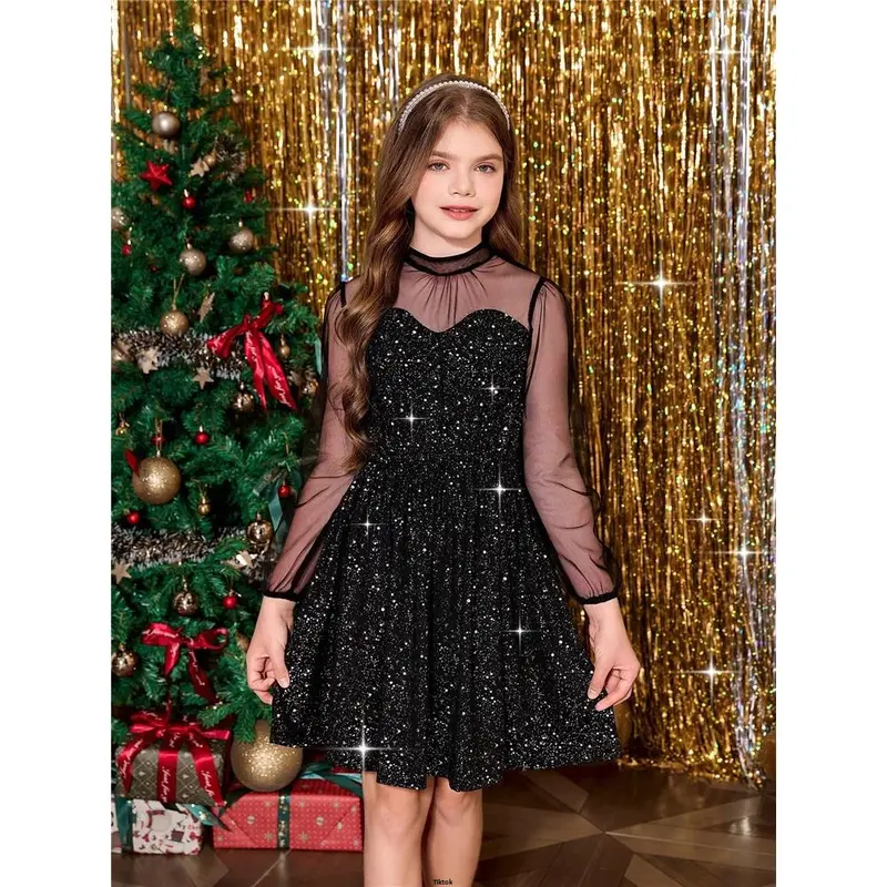 , Party , Wedding For Glitter Sleeve Mesh Girl tiktok Tween Long Fabric Party Dress , Christmas 0