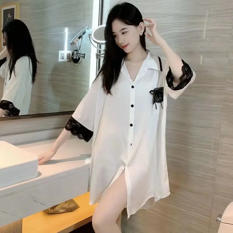 Váy Ngủ Mùa Hè, Áo Sơ Mi Trắng ngắn Tay Lụa Lạnh Cho Nữ, Đồ Mặc Nhà Mỏng Ngọt Ngào Đồ Ngủ Nữ Gợi Cảm, Hàng Mới Về 2024 Dress 0