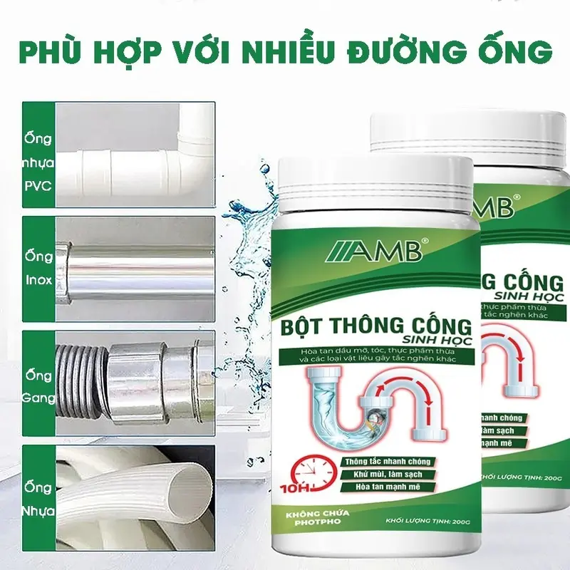 Bột thông cống sinh học AMB thông tắc cống, bồn rửa mặt, bồn cầu khử mùi hôi, cặn bẩn EcoFresh Làm Sạch 3