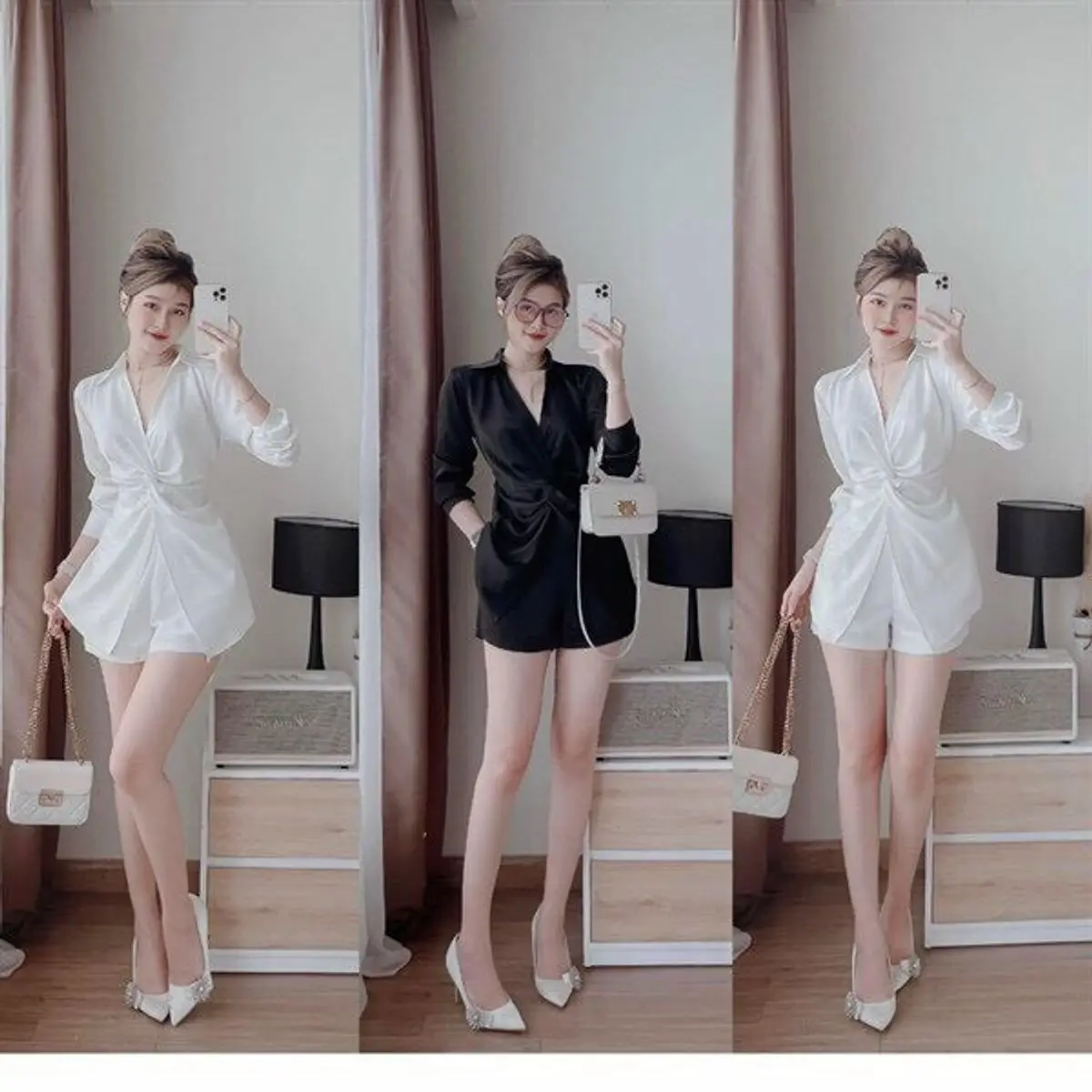 Bộ đồ sơ mi xoắn eo và quần đùi thanh lịch tuyết nhung