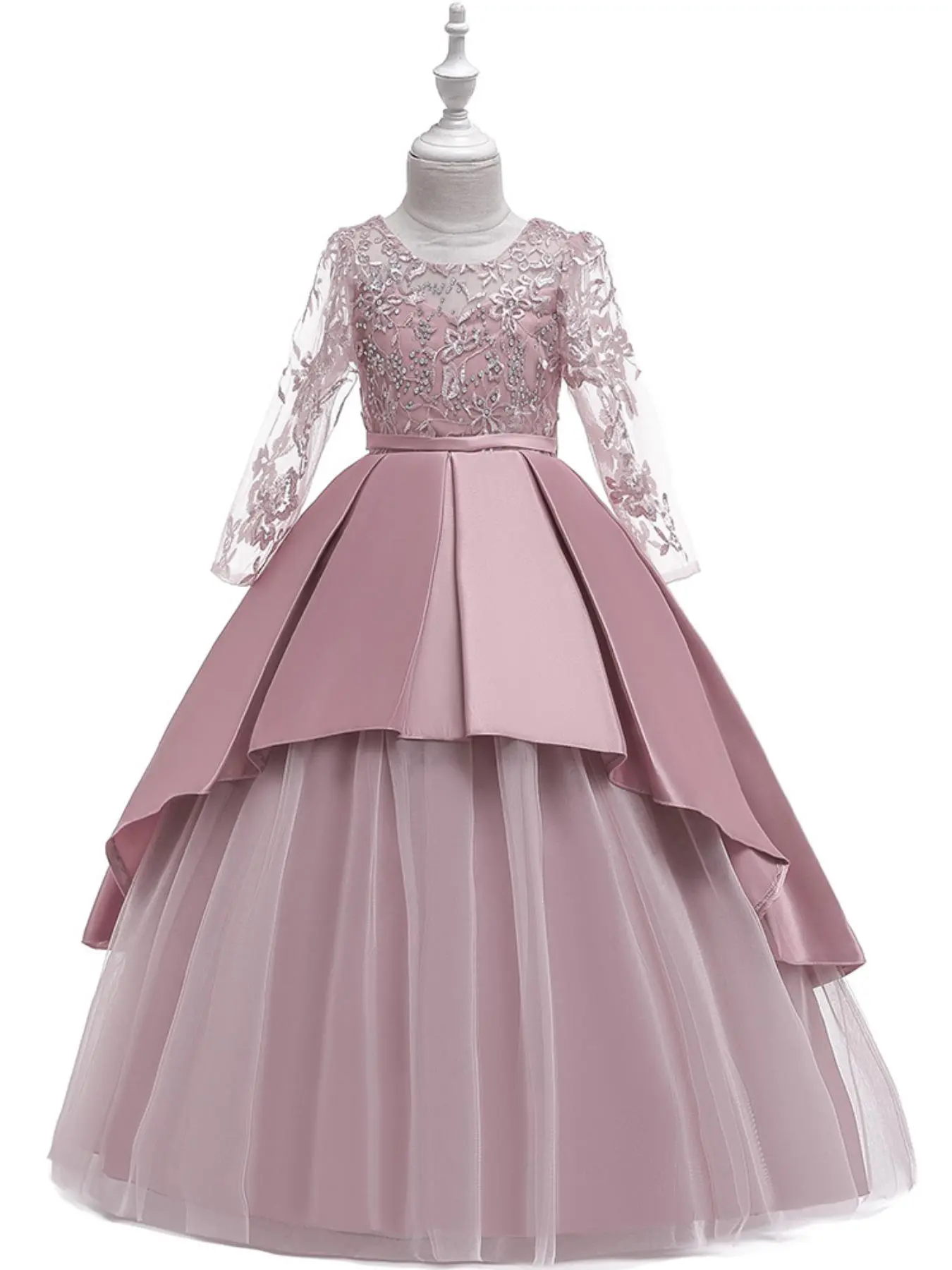 Girl's Floral Embroidery Rhinestone Decor Bow Back Satin Tulle Dress, Elegant Contrast Mesh Long Sleeve Layered Party Dress for Formal Wear, Kids Clothes