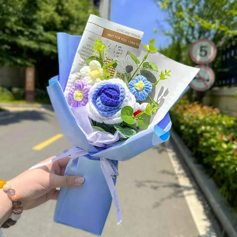1 Count Artificial Hand Crochet Flowers Bouquet, Hand Woven Rose Flower Bouquet, Faux Knitted Sunflower Flower for Birthday Anniversary, Finished Artificial Flowers Home Decor Gift with Gift Bag 3