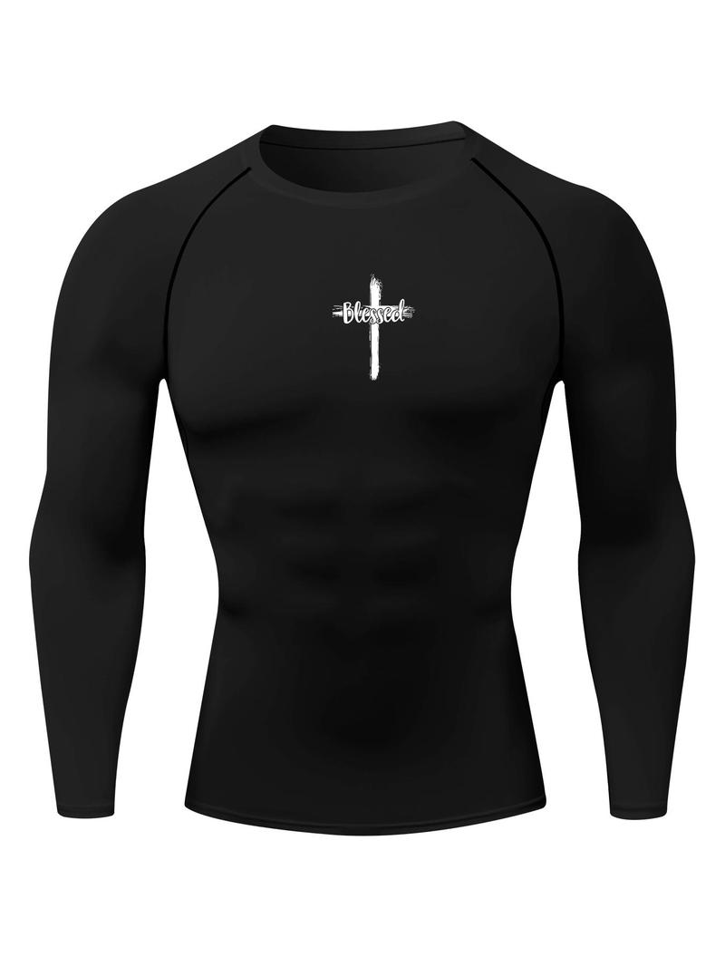 Product Introduction of Men's Cross Print Round Neck Long Sleeve Tee, Breathable Quick Drying T-shirt for Gym Workout Running, Men's Top for Spring & Fall 1