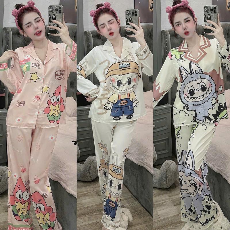 Đồ bộ tay dài lụa thiết kế mới dể thương , đồ bộ nữ mặc nhà thoải mái , pijama nữ lụa mịn mát , size dưới 60kg , đồ bộ pizama tay dài