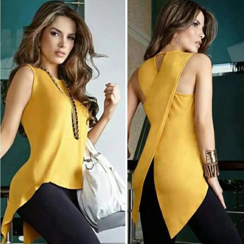 Product Introduction of Áo Thun Hở Eo Chéo Lưng Bất Đối Xứng Phong Cách Âu Mỹ Áo Không Tay Gợi Cảm, Màu Trơn Cổ Tròn, Xu Hướng Năm 2024 16