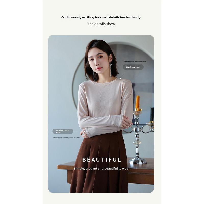 Product Introduction of Women's Long-Sleeved Bottoming Shirt Fall and Winter Inner Wear 2024 New Thread round Neck Loose Slim Western Style Black T-shirt Top Womenswear Lingerie Lady Comfort Longsleeve Basic turtleneck  tank Crewneck Minimalist 5