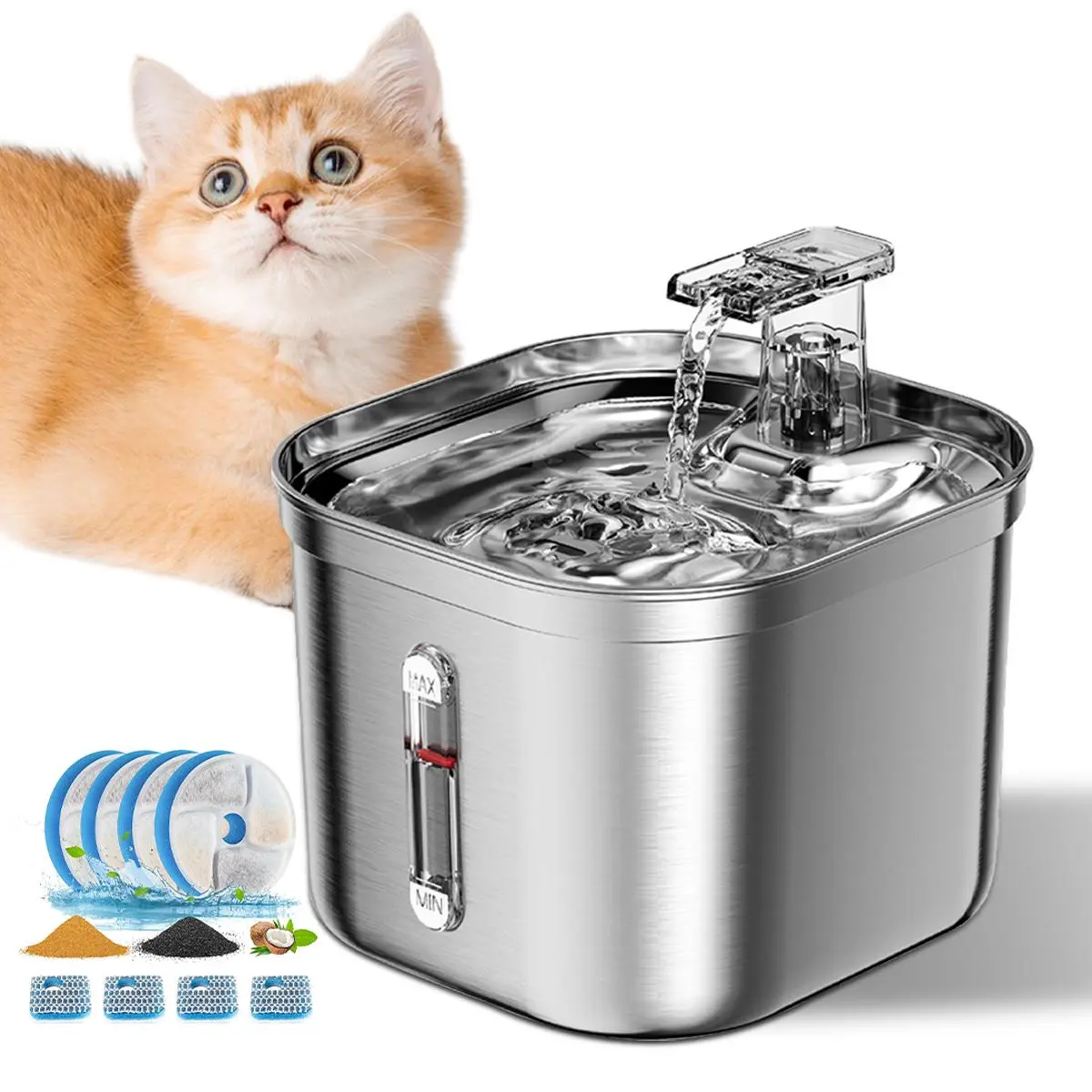 Stainless Steel Ultra-quiet Pump Cat Water Fountain, 2.2l Automatic Circulation Filter Cat Water Fountain, Visual Water Level Buoy, Pet Supplies, Water Dispenser