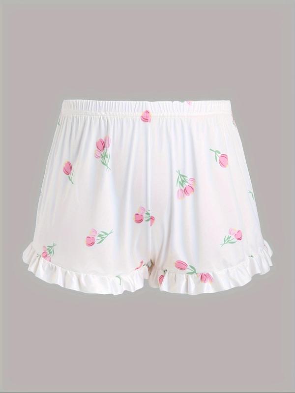 【Plus Size】 Floral Print Short Sleeve Tee & Ruffle Trim Shorts Pyjama Set, Pyjamas for Women, Round Neck T-shirt & Elastic Waist Shorts Pj Set, Women's Sleepwear for Spring & Fall, Women Nightwear, Lounge Set for Women, Pajama Sets Women, Pajamas 2