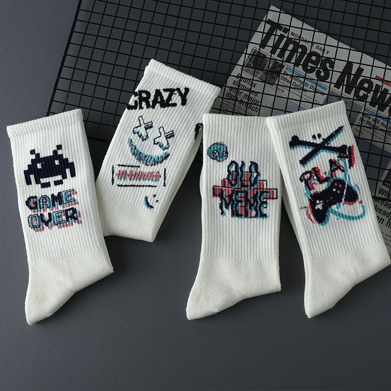 Product Introduction of Socks Men's Mid-Calf Length Sock Cotton Socks Spring and Autumn Sweat Absorbing Sports Student Basketball Winter Long Graffiti Trend Men's Socks Menswear Lingerie Bowling Tropical 3