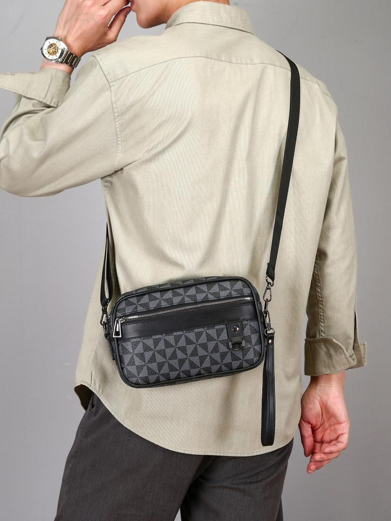Product Introduction of Men's Casual Geometric Pattern Zipper Crossbody Bag, 2025 New Style Fashionable PU Leather Shoulder Bag for Daily Used, Casual Trendy Versatile High-quality Daily Commuting Bag 0