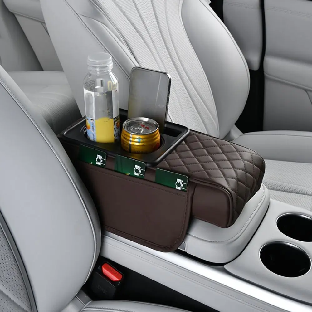 High Quality Portable Center Console Armrest Cushion PU Leather Multifunctional Car Armrest Pillow Height Increasing with Cup Holder Armrest Pad Universal