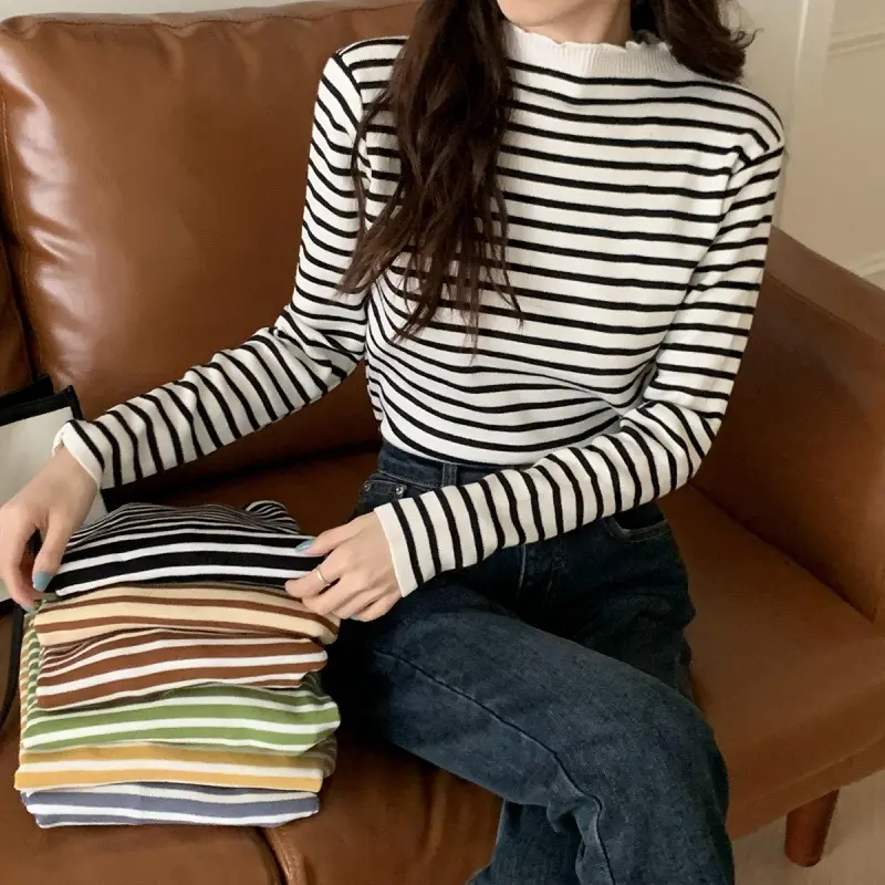 AJW [TM] Inner Rajut Turtleneck Lengan Panjang Model Terbaru | Dalaman Hijab | Atasan Wanita Rajut | Baju Stripe Fit Tangan Panjang | Top High Knitwear 1