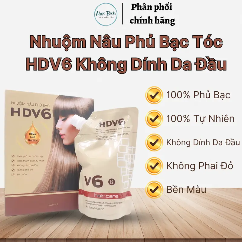 Nhuộm Nâu Phủ Bạc Tóc HDV6 Không Dính Da Đầu Lên Màu Sáng Lv5-6 , 500ml x 2 1