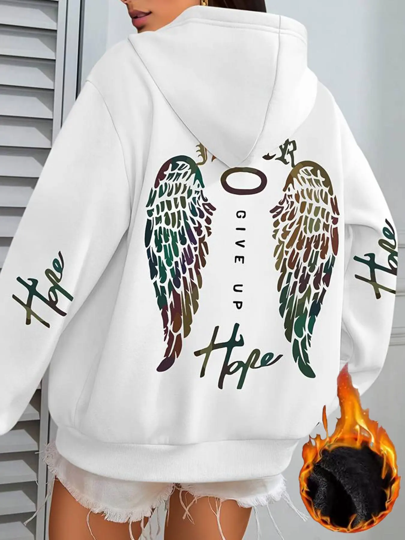 Women's Angel Wing Print Drop Shoulder Hoodie, Fashion Casual Drawstring Pocket Hooded Sweatshirt for Daily Holiday Outdoor Wear, Women Clothing for Fall & Winter