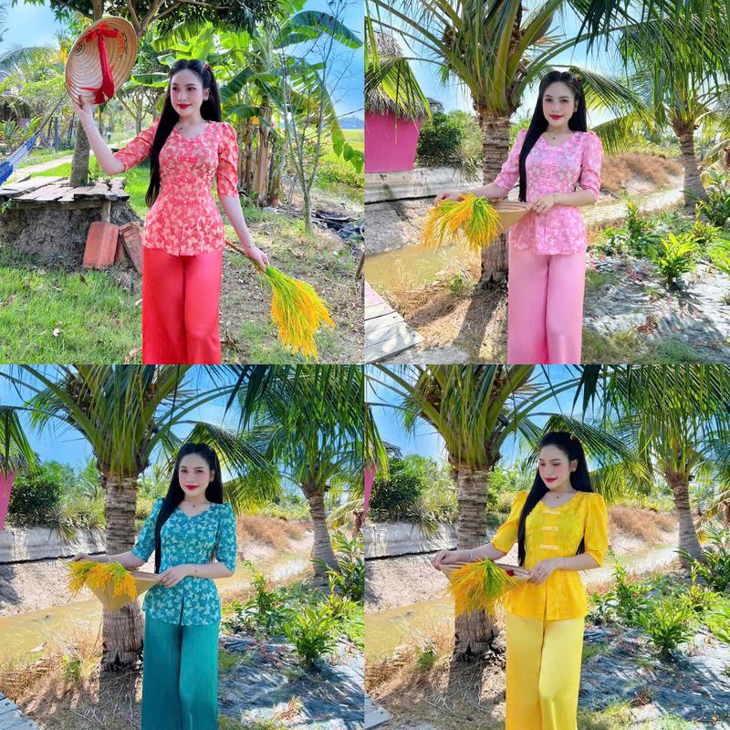 SÉT BỘ ÁO KÈM QUẦN BÀ BA CỔ TIM TAY LỠ CHẤT VẢI GẤM TƠ TẰM 2 DA QUẦN LỤA PHỦ BÓNG ĐỦ SIZE S,M,L,XL,XXL,3XL