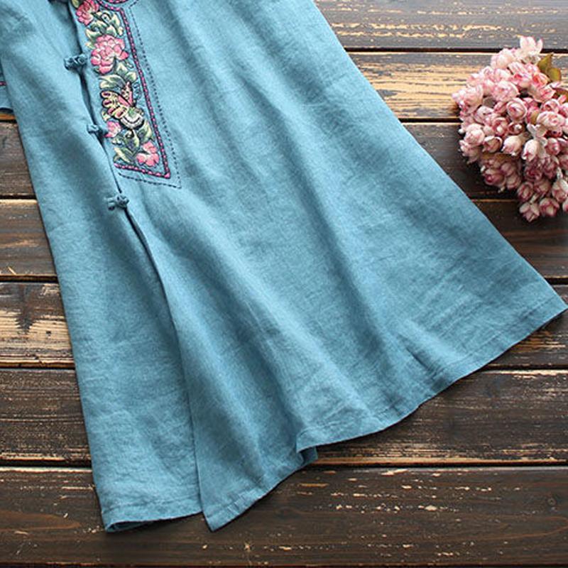 ZAVA-Váy Cotton Và Vải Lanh Thêu Cho Nữ, Phong Cách Dân Tộc Mới, Khóa Đĩa, Tay Áo Ba Phần Tư, Sườn Xám Trung Quốc, Mùa Hè Dress Women 3