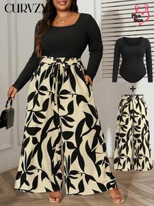 CURVZY Plus Size Two-Piece Set Plain Square Neck Ribbed Tee & Leaf Print Belted Wide Leg Pants, Chic Elegant Long Sleeve Top & Elastic Waist Pocket Trousers for Daily Outdoor Wear, Women's Two-piece Outfits for Spring & Fall, Valentine's Day Gift for Girl