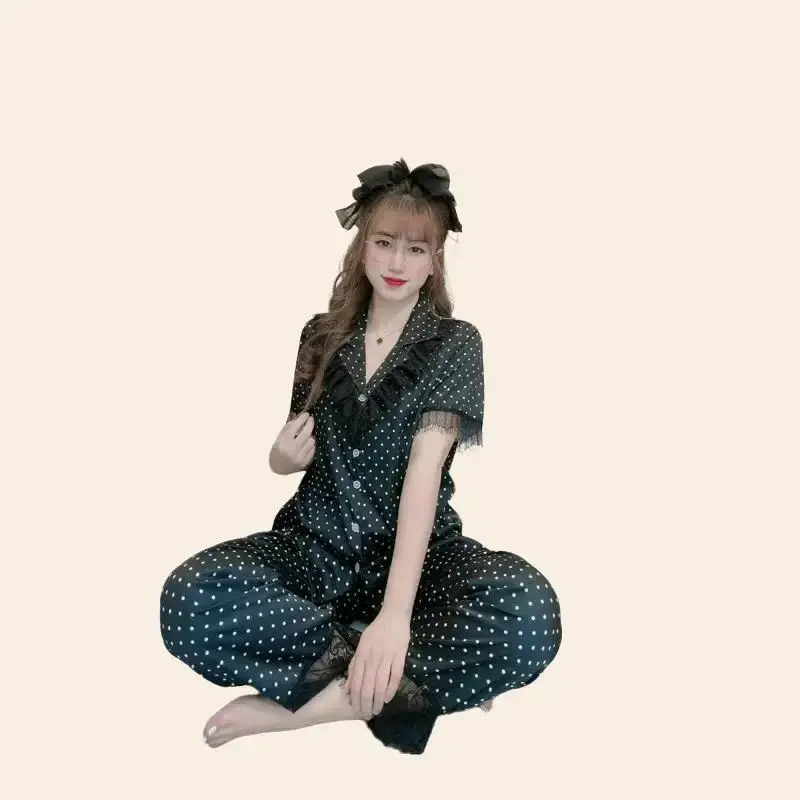 Đồ Bộ Tp Pijama Mặc Nhà, Chất Lụa Mịn - Mango, Áo Cổ Phối Ren Có Họa Tiết, Tay Dài  Quần Dài, Dành Cho Nữ, Có Size Từ 35kg Đến 80kg (SEO) Thun Women Quần Ngủ Áo Ngủ Nhung bông pi jama Kem đồ  ngủ tiểu thư pijama  ladder
