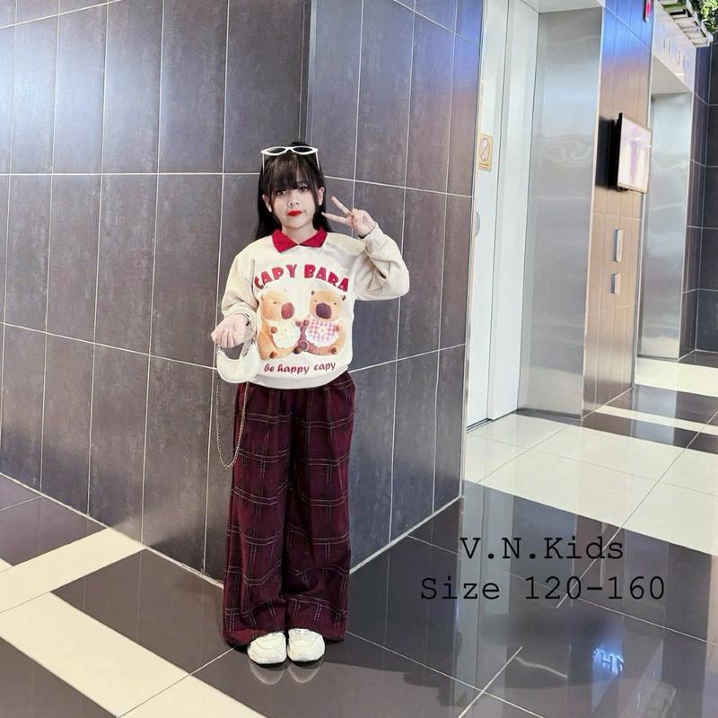   22-50kg  dạ mịn cc   Set bộ nỉ áo cổ bẻ quần dạ xuông hoạ tiết  capybara hót bộ k lót lông 