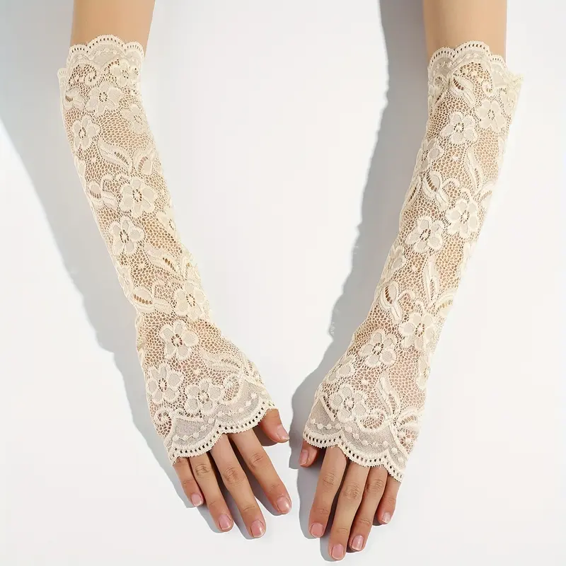 1 Pair Lace  Breathable Flower Embroidery Solid Color Long Gloves Elastic Decorative Fingerless Gloves For Women 4