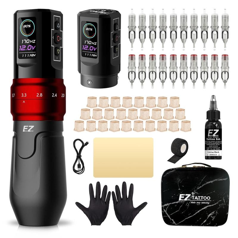 TikTok Shop EZ Tattoo Pen Kit P3 Pro Wireless Tattoo Machine Gun Kit Complete with 1600mAh Power Supply and 20Pcs Tattoo Cartridge Needles Assorted 1 Tattoo Ink Black for Beginners and Artists