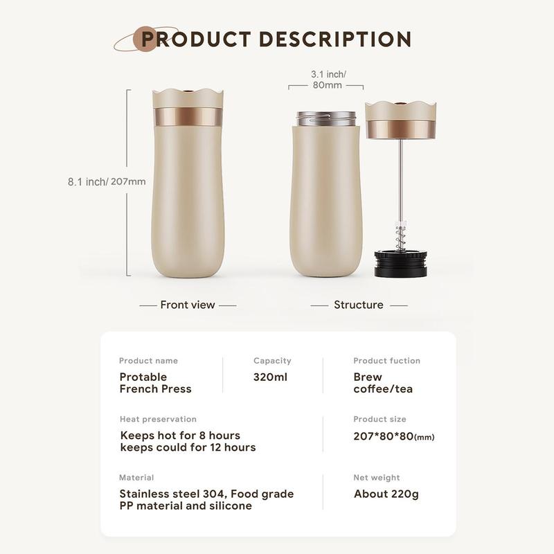 Portable French Press, 1 Count Stainless Steel Coffee Maker, Travel Coffee Maker, Cold Brew Coffee Maker for Home Camping Travel Office 1
