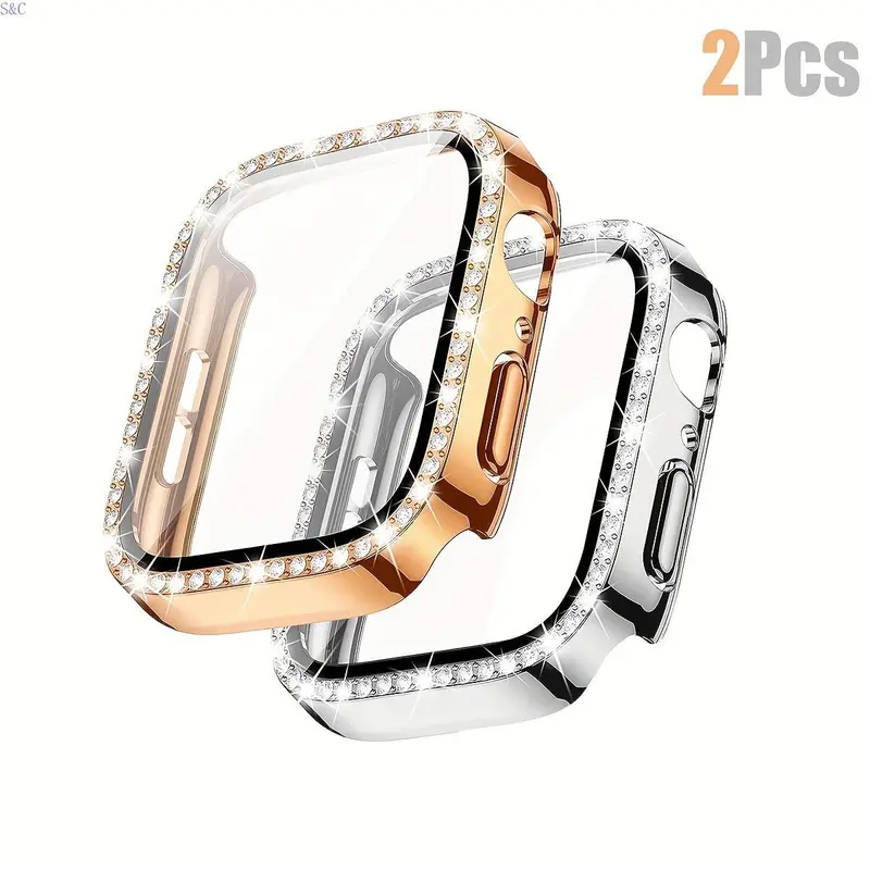 Streamlined Charms 2 - Piece Set Of Women's Shiny Diamond PC Watch Shells With HD Hardened Glass Screen Protectors. Compatible With Apple Watch 40 - 46mm Sizes And Series 10/9/SE/8/7/6/5/4, Offering Shockproof And Anti - Fall All - Round Protection 0