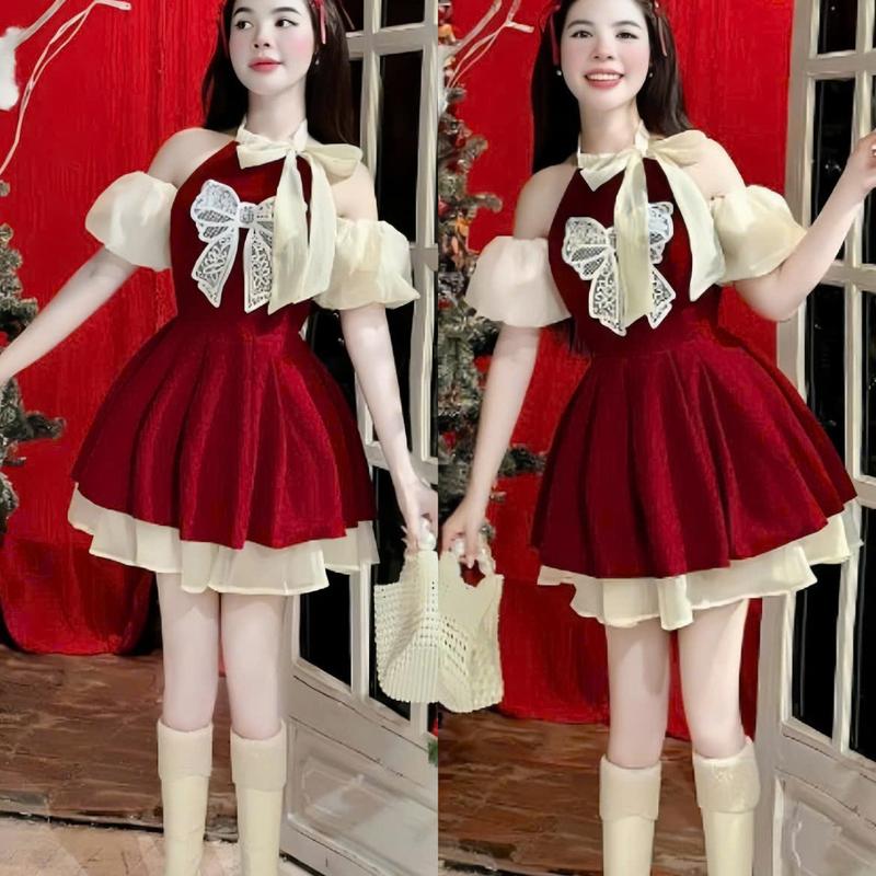 Đầm váy nữ nhung thiết kế tay ngắn hở vai cổ tròn nơ ren thiêu [có mút ngực] phối voan kiếng dáng xòe sang chảnh dành cho các nàng diện di chơi,di tiệc. 0