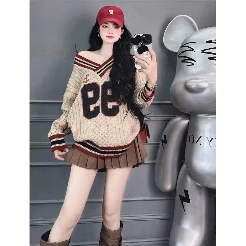 HÀNG QCL1 Áo Len Sweater  cổ tim  len Thừng số 99 Cổ Tim dáng dài chùm mông cho nam nữ Top Women Cổ Tròn Sọc Sọc Kẻ