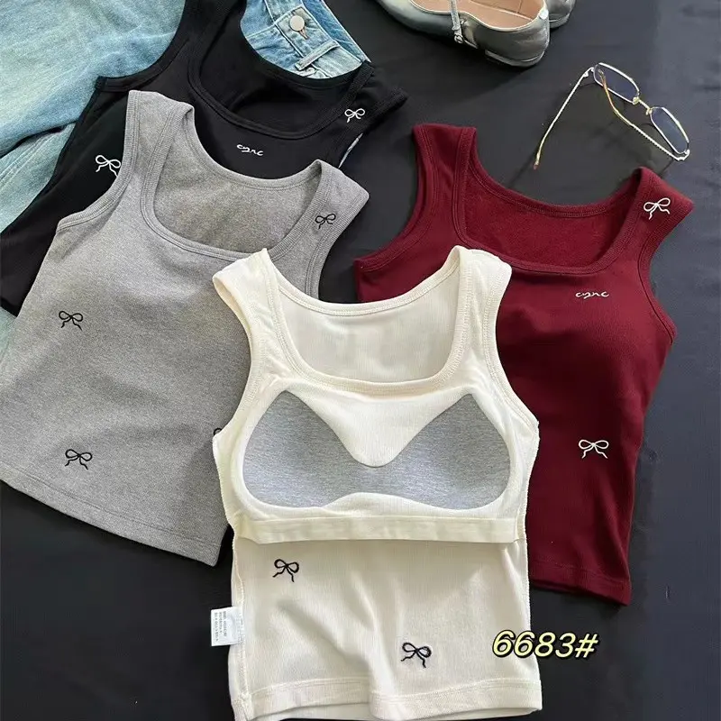 Áo Vest Mỏng Cho Nữ, Có Đệm Ngực Cố Định, Thiết Kế Thêu, Có Nơ, Kiểu Y 3
