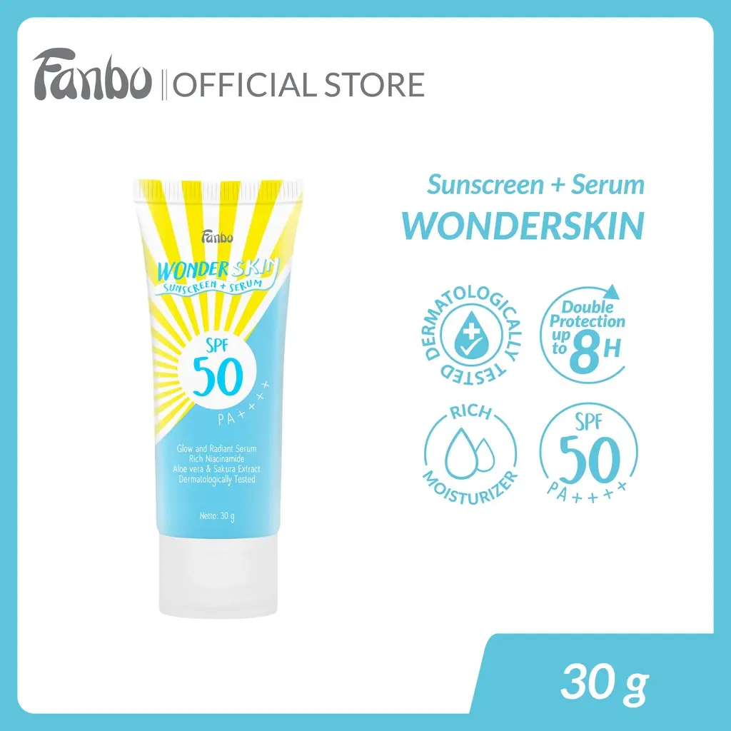 Fanbo Wonder Skin Sunscreen & Serum - SPF 50 PA ++++ 30gr - Sunscreen Wajah  no Paraben - Tekstur Ringan - Tidak Lengket - Melembabkan - Semua Jenis Kulit - Mencegah Penuaan Dini -kulit Glowing dan terbebas dari Sinar UV dengan ketahanan 8 jam