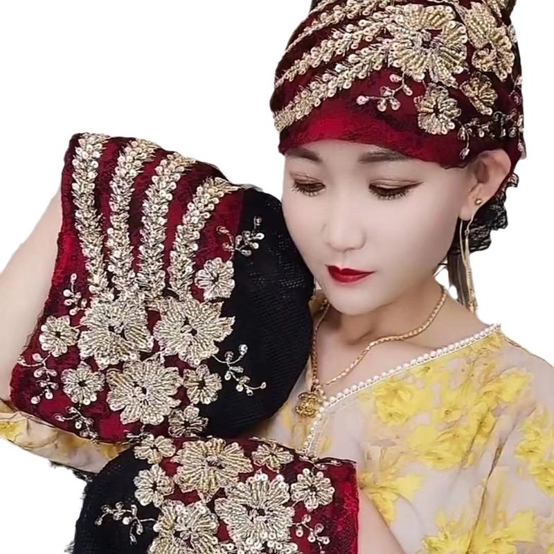 Product Introduction of Glitter Diamonds Embroidery Lace Turban Hats for Women Muslim Headscarf Head Wraps Caps Female Daily Beanie Hair Cover Cap 5