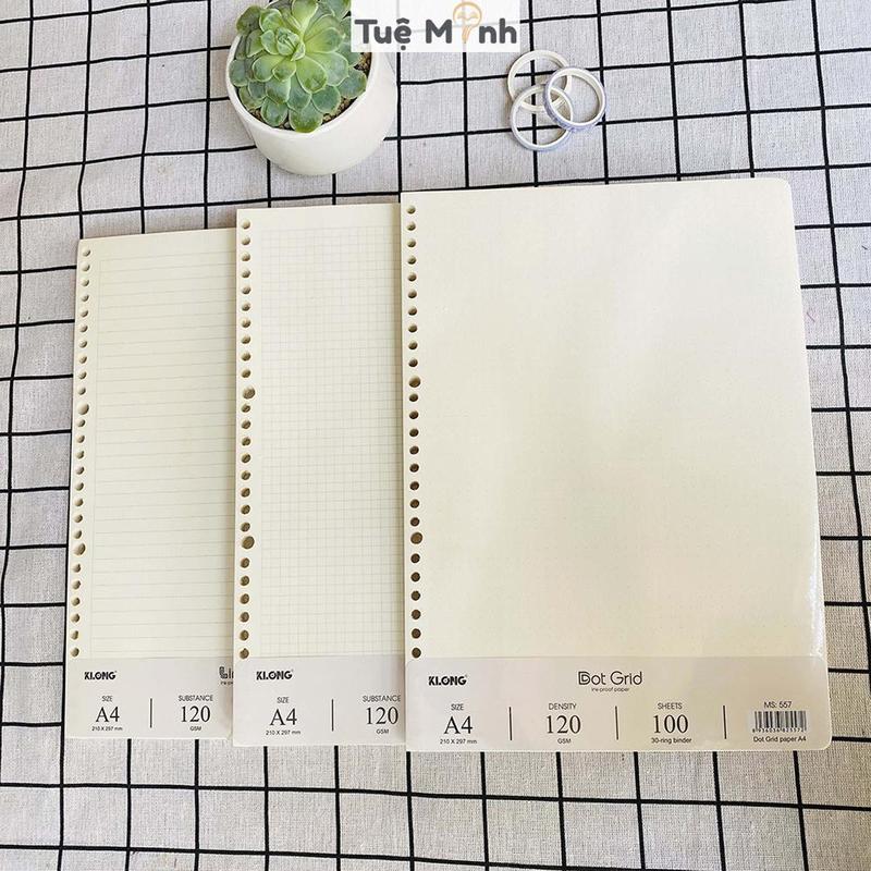 Ruột sổ còng Klong A4 tập 100 tờ caro/dotgrid/ kẻ ngang, giấy refill binder Klong 120gsm MS 556 /MS 558/ MS 557