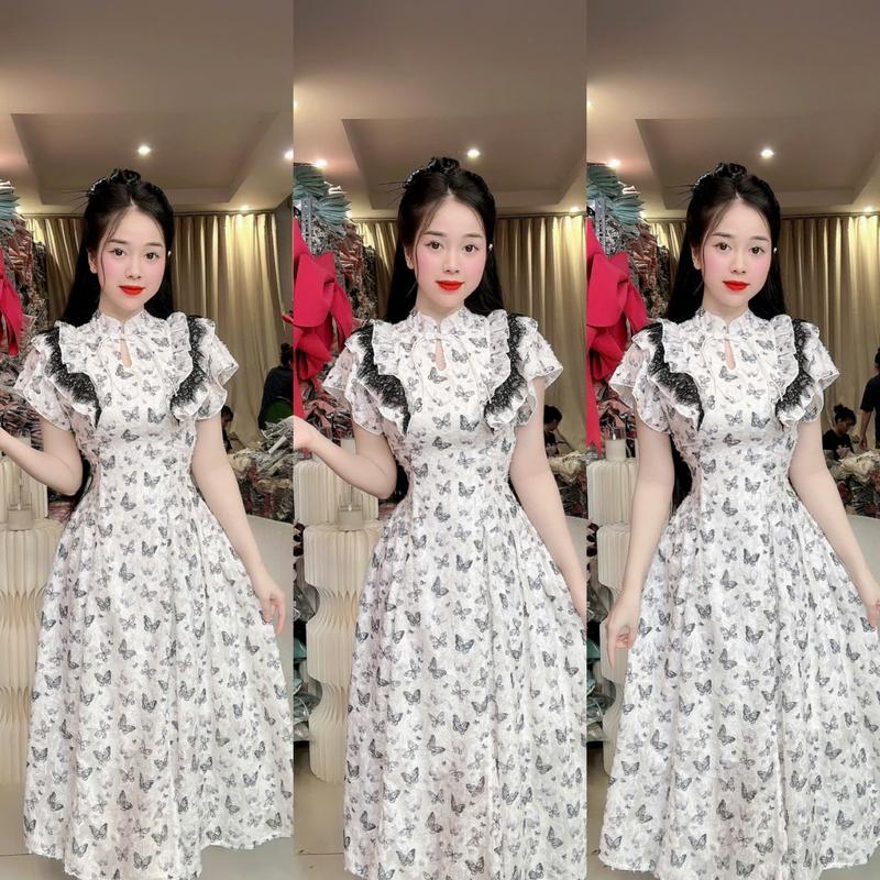 V85 Đầm thiết kế cách tân tay cánh tiên phối bèo ren che bắp tay vải ren mềm thêu nổi váy hela đi tiệc đi chơi đều đẹp by Thương Lê V85