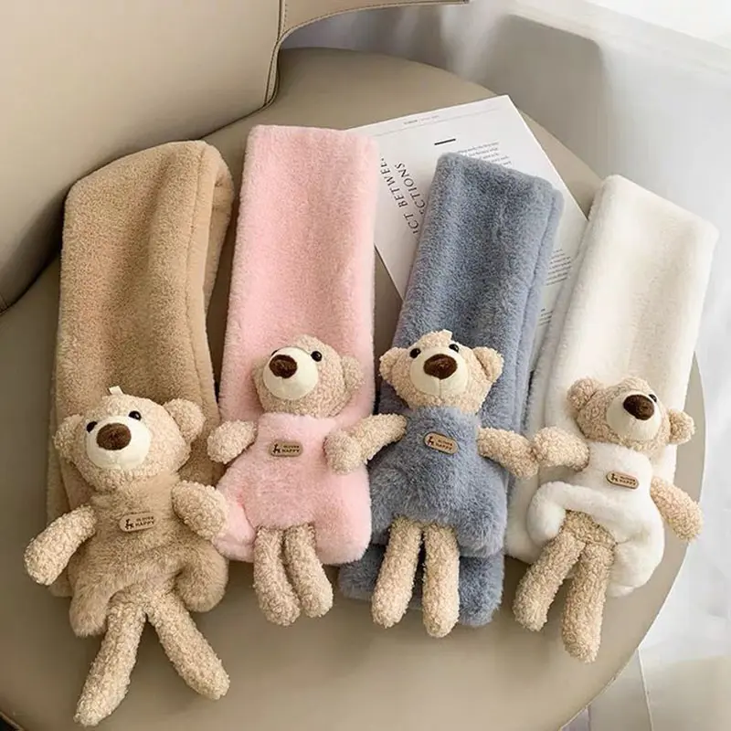Winter Children Soft Scarf Cute Cartoon Bear Scarf Baby Girls Outdoor Windproof Warm Scarf Kids Plush Thicken Scarf Neckerchief