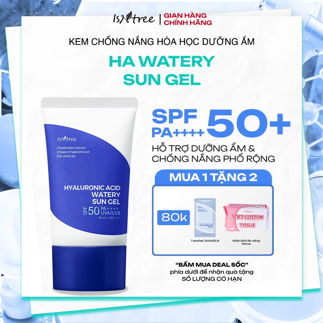 [Tặng 1 Hộp khăn khô 80pcs+1 Sachet 2ml] Kem chống nắng hóa học dưỡng ẩm Isntree Hyaluronic Acid Watery Sun Gel 50ml