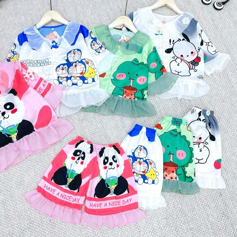 Set lụa viền bèo in 5D hình gấu hồng panda cho mẹ và bé siêu dễ thương mặc nhà hay đi chơi 5