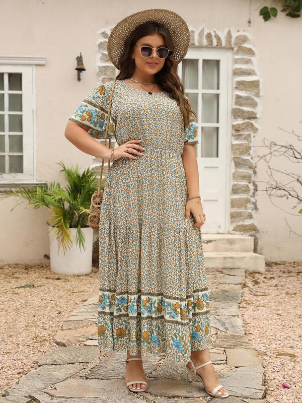 【Plus Size】 Ditsy Floral Print Dress, Fashion Casual Short Sleeve Dress for Daily Holiday Vacation Wear, Women Plus Clothing for Spring 3