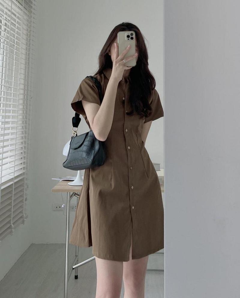 Product Introduction of Y#0925-03  Minimalist style lapel dress, Korean version summer single breasted, waist cinching short sleeved shirt dress, solid color dress Casual Womenswear Lingerie Gowns Basic Women Lady Casual Wear Comfort Dresse Button 1