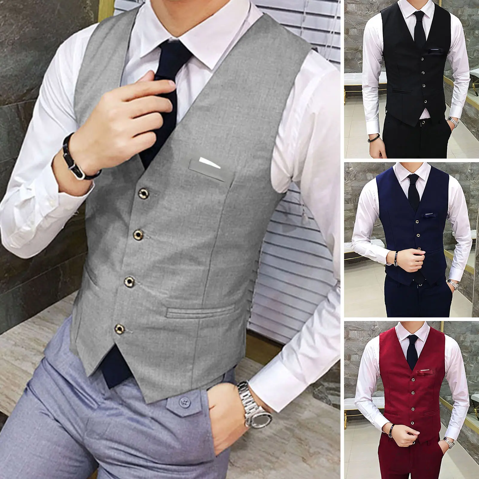 Áo Ghi Lê Vest Phù Hợp Với Nam Giới, Bgaeun, Cổ Chữ V, Không Tay, Màu Trơn Dáng Ôm, Áo Cardigan Một Hàng Cúc, Áo Khoác Công Sở Trang Trọng, Thích Hợp Cho Chú Rể Và Áo Khoác Cưới