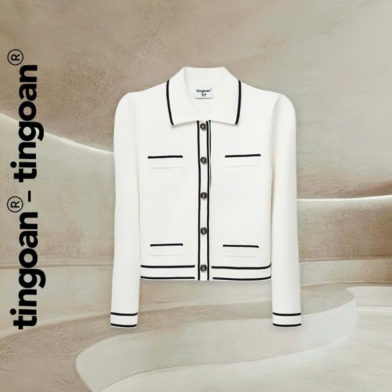 TINGOAN - Áo len xù cardigan cổ bẻ dáng lửng trắng phối đường viền đen LILY ROSE JACKET/WH
