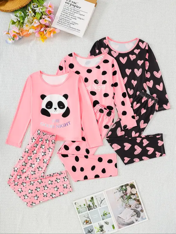 Girl's Cartoon Panda Heart Print Tee & Pants Set, Cute Long Sleeve Round Neck Top & Trousers, Casual Spring & Fall Outfits Clothes for Kids, Cute Clothes 0