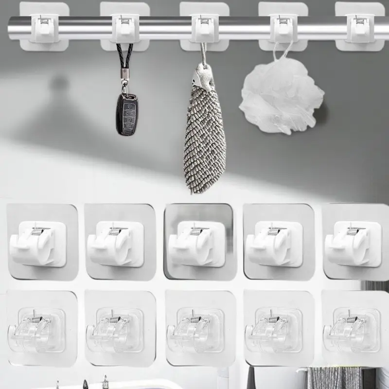 Curtain Rod Holder Hook Self-Adhesive Nail-Free Curtain Clamp Hook - Adjustable Wall Curtain Fixed Clip Kitchen Organiser Hangable Smooth Bath Waterproof Hangers wall mounted punch  free adhesive  wall